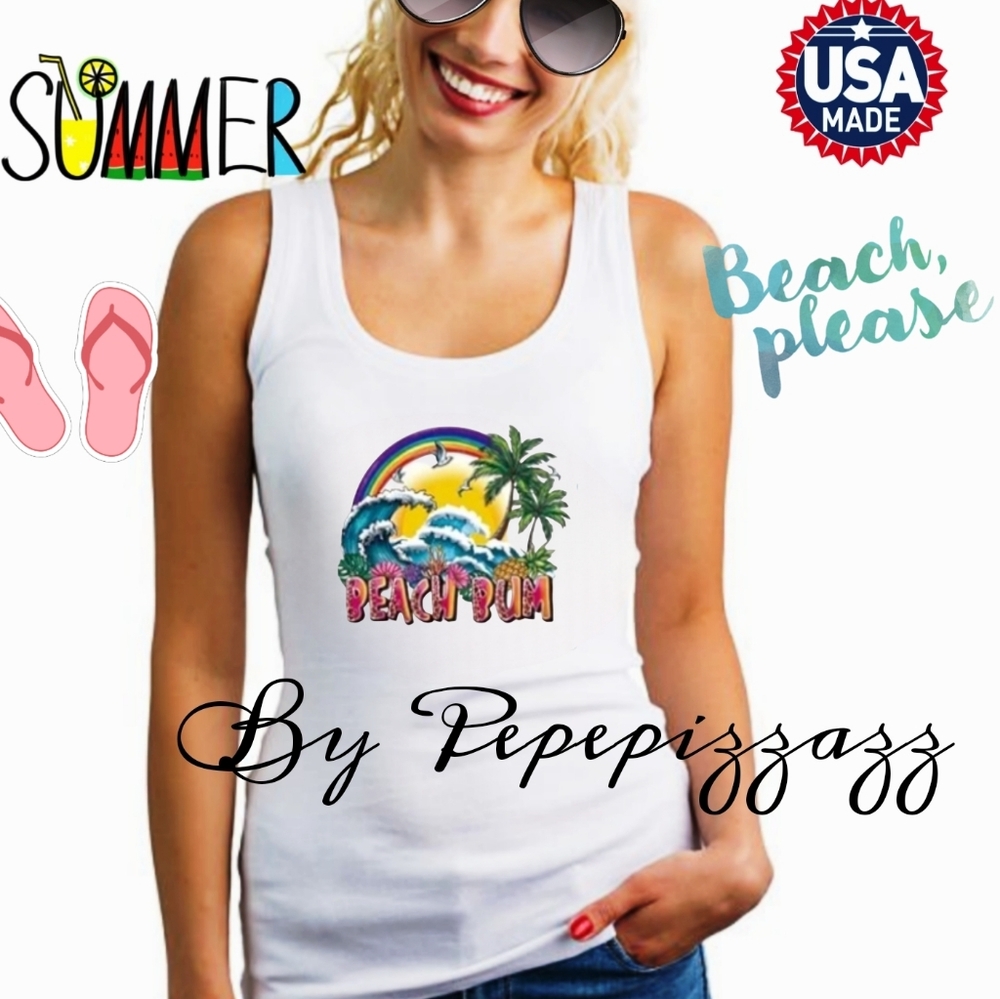 BEACH BUM Tank Top Handmade DTF GRAPHICS Various Colors And Sizes